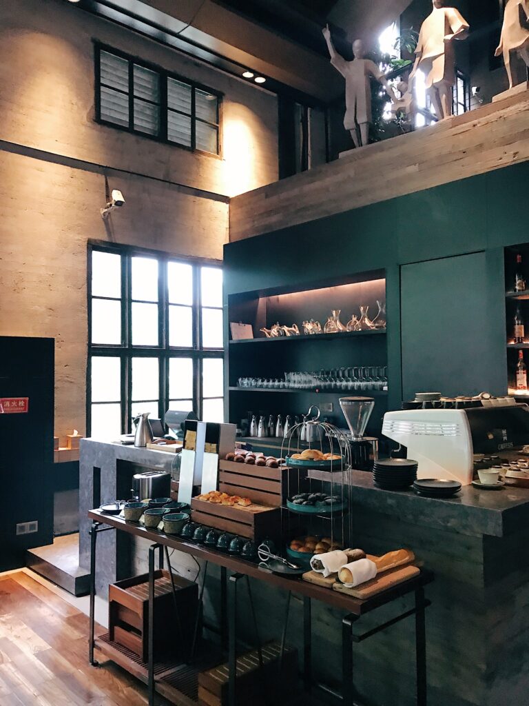 A well-designed coffee shop with a layout plan, storage, and equipment