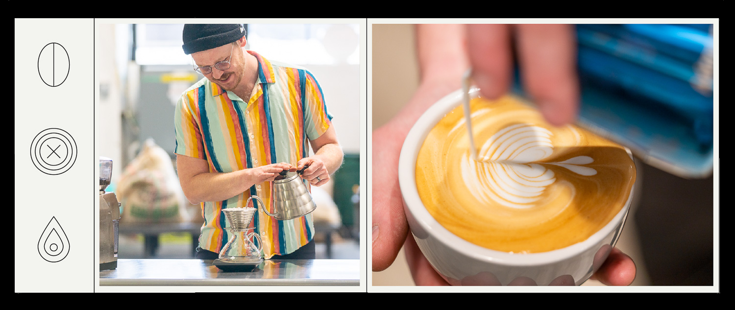 Man in striped shirt and beanie makes a professional coffee pour-over, zoomed in shot of beautiful latte art