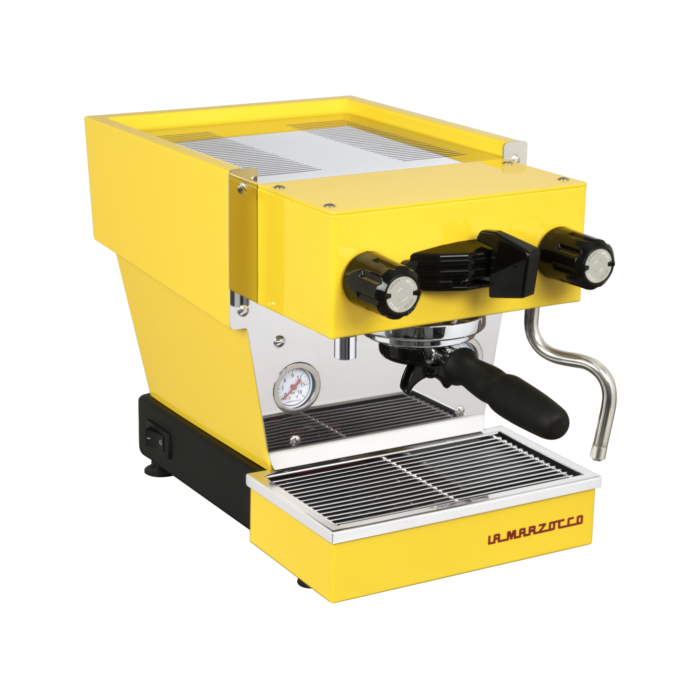 A yellow La Marzocco espresso machine against a black background