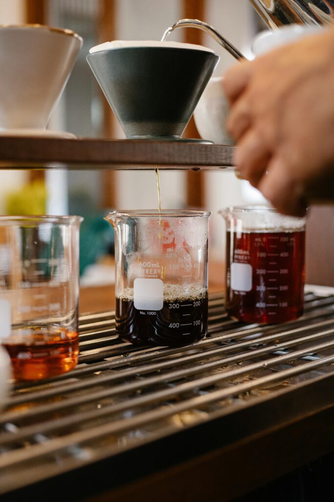 Three different types of coffee are used in a pour-over coffee flight for company events