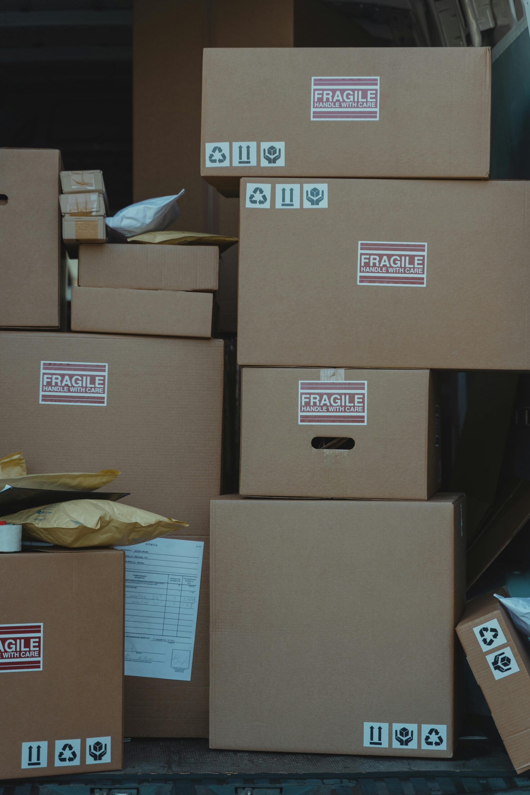 A stack of boxes are haphazardly stacked in the back of a truck with fragile stickers